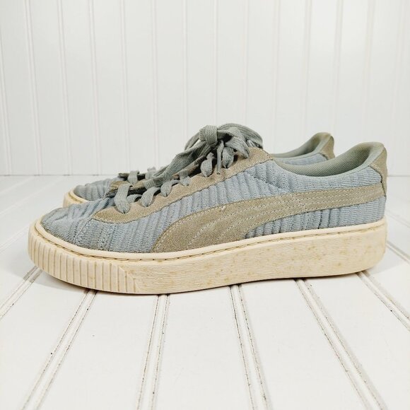 Puma Gray Taupe Tan Leather Lace Up Athleisure Comfy Sneakers A825 - Picture 1 of 10